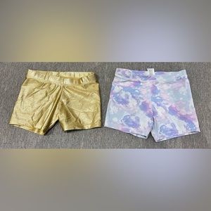 Girls dance shorts 2 pairs, size 6, gold and cotton candy prints
